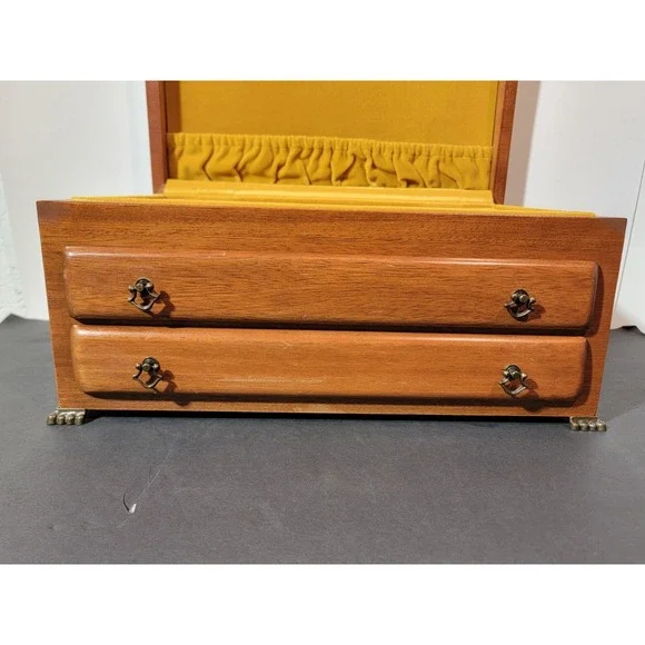 Vintage Wooden Jewelry Box Chest Organizer Yellow Felt Lined 2 Drawer Open Top - Picture 5 of 16